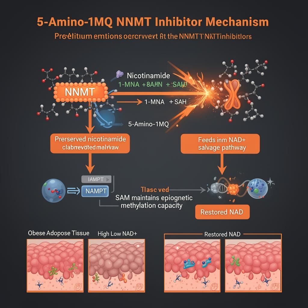 5-Amino-1MQ NNMT inhibitor mechanism infographic showing blockade of nicotinamide methylation, preserving NAD+ salvage pathway via NAMPT and SAM methylation capacity, with comparison of obese vs treated adipose tissue