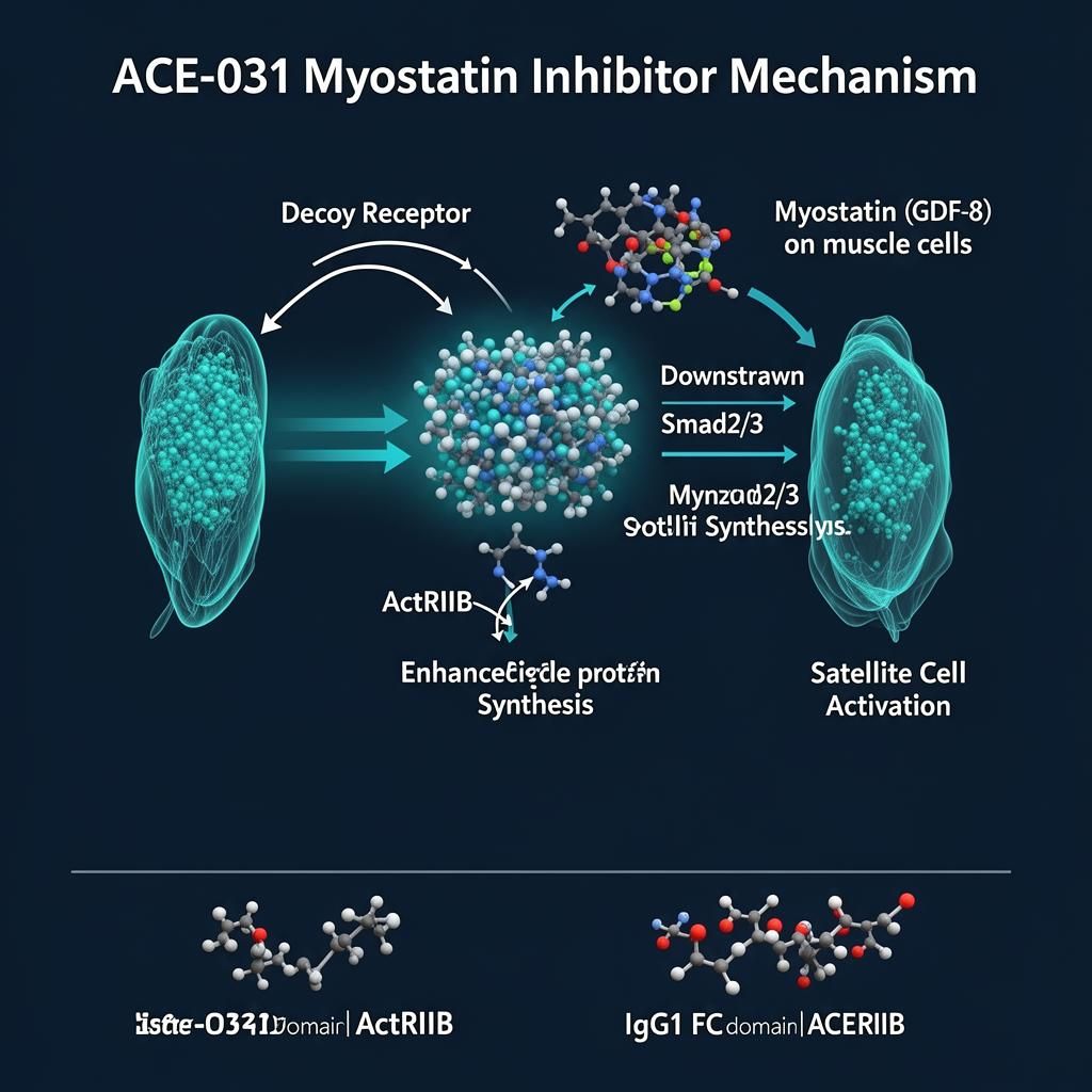 ACE-031 myostatin inhibitor mechanism infographic showing decoy receptor intercepting myostatin GDF-8 before ActRIIB binding, blocking Smad2/3 signaling to enhance muscle protein synthesis and satellite cell activation
