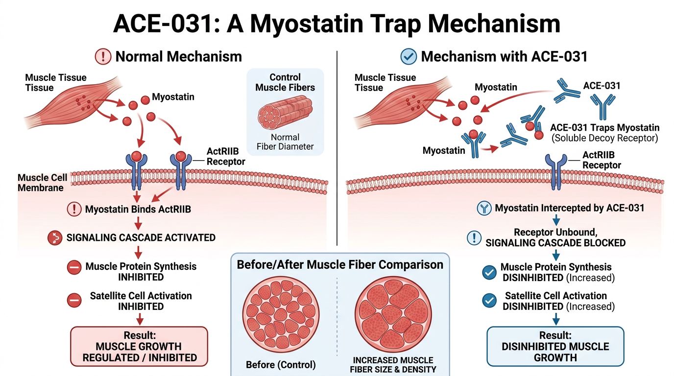 ACE-031 myostatin trap mechanism showing interception of myostatin before ActRIIB receptor binding
