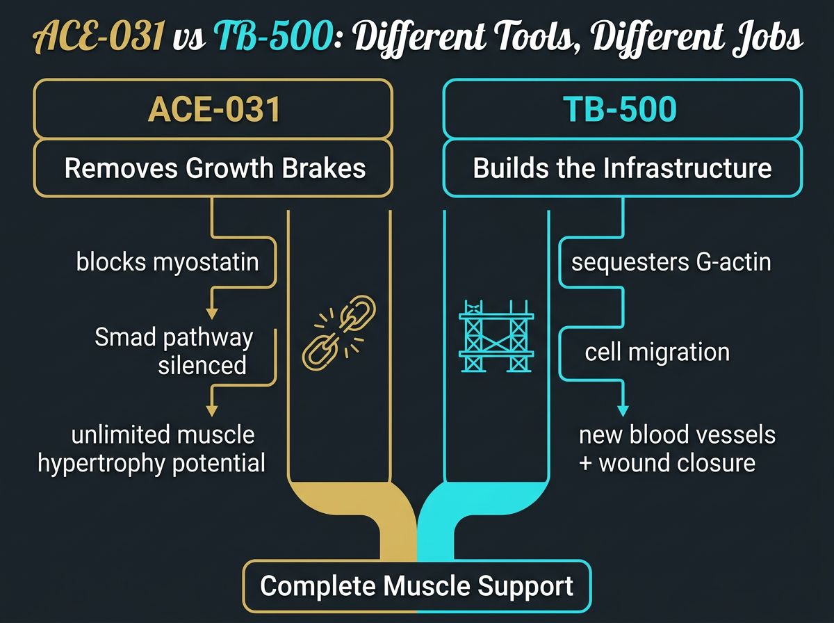 Comparative pathway graphic contrasting ACE-031 growth brake removal with TB-500 structural repair support
