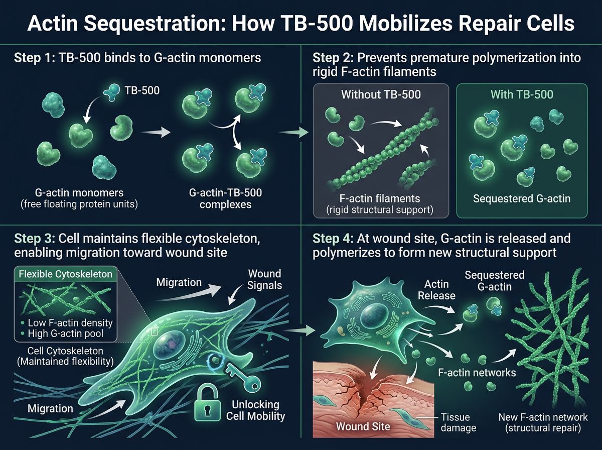 Stepwise diagram of TB-500 binding G-actin to regulate migration and structural repair at wound sites