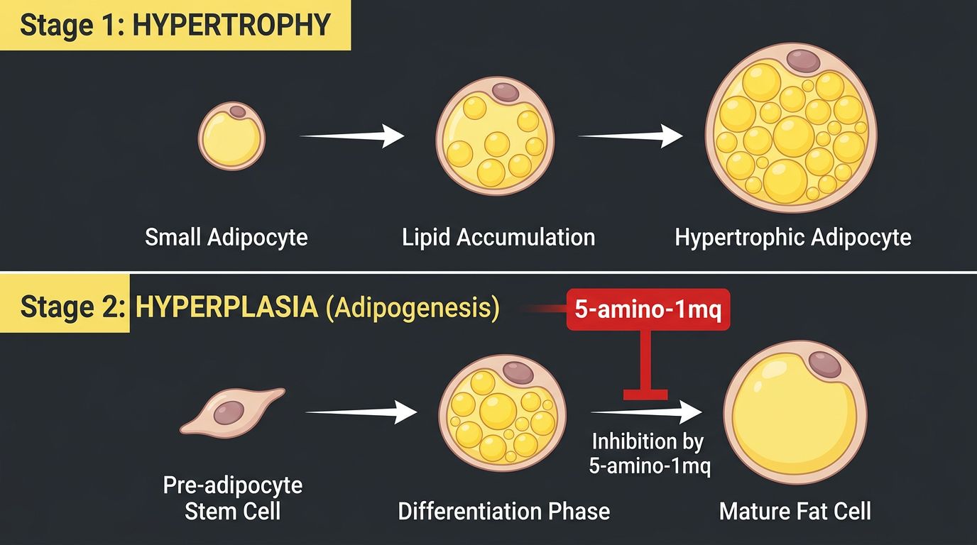 Infographic showing two stages of fat growth: Hypertrophy where cells fill with lipids, and Hyperplasia where 5-amino-1mq blocks new fat cell creation