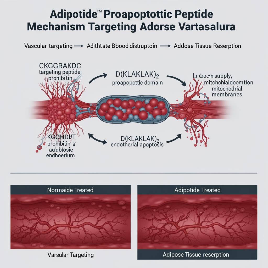 Adipotide proapoptotic peptide mechanism infographic showing CKGGRAKDC targeting domain binding prohibitin on adipose vasculature and D(KLAKLAK)2 domain disrupting mitochondrial membranes to cause endothelial apoptosis and fat tissue resorption