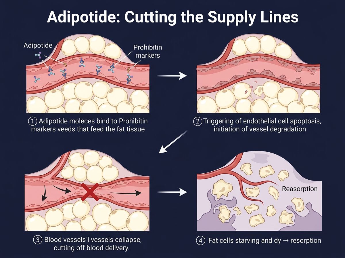 Infographic showing Adipotide 4-step mechanism cutting blood supply to fat tissue via Prohibitin targeting