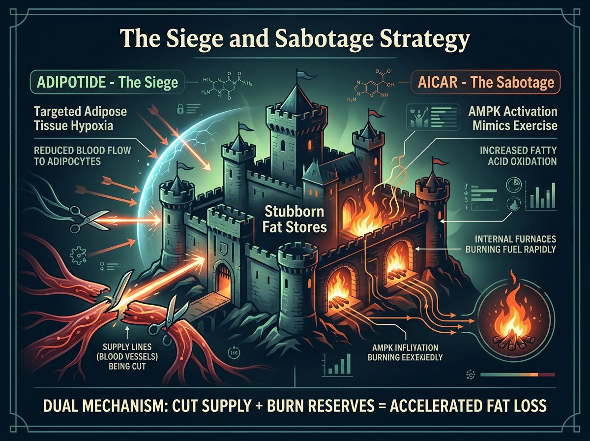 Infographic showing the siege and sabotage strategy combining Adipotide and AICAR for dual-mechanism fat loss