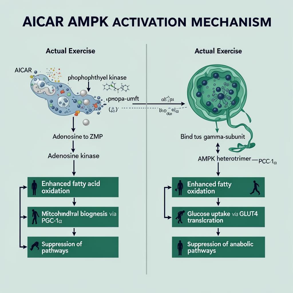 AICAR AMPK activation mechanism infographic showing phosphorylation to ZMP, binding AMPK gamma-subunit, and downstream exercise-mimetic effects including fatty acid oxidation and mitochondrial biogenesis