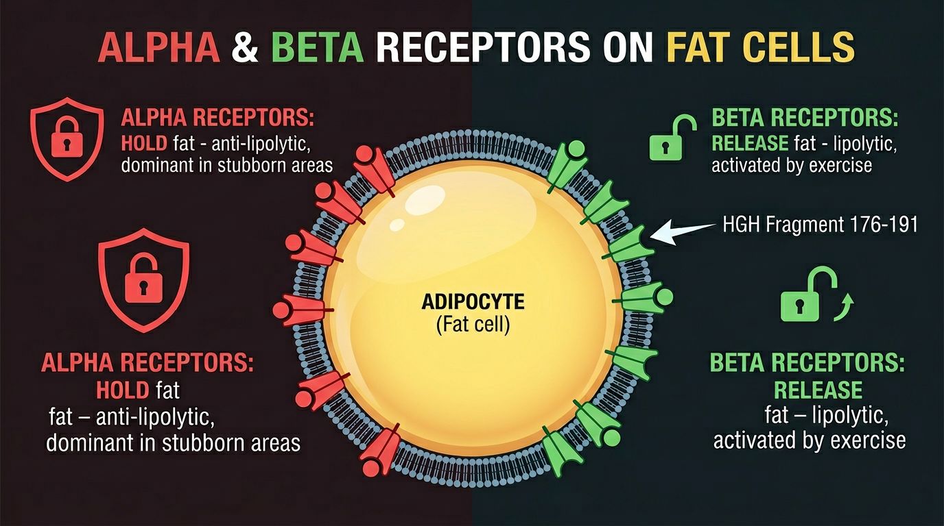 Infographic showing alpha and beta receptors on a fat cell, with alpha receptors holding fat and beta receptors releasing fat when activated by exercise or HGH Fragment 176-191