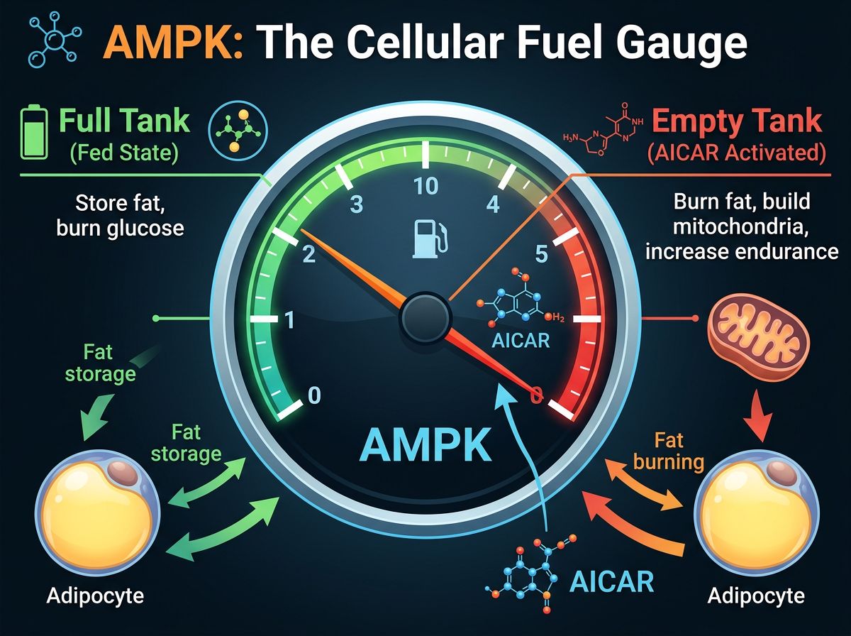 Infographic showing AMPK as the cellular fuel gauge with AICAR tricking it to activate fat burning mode