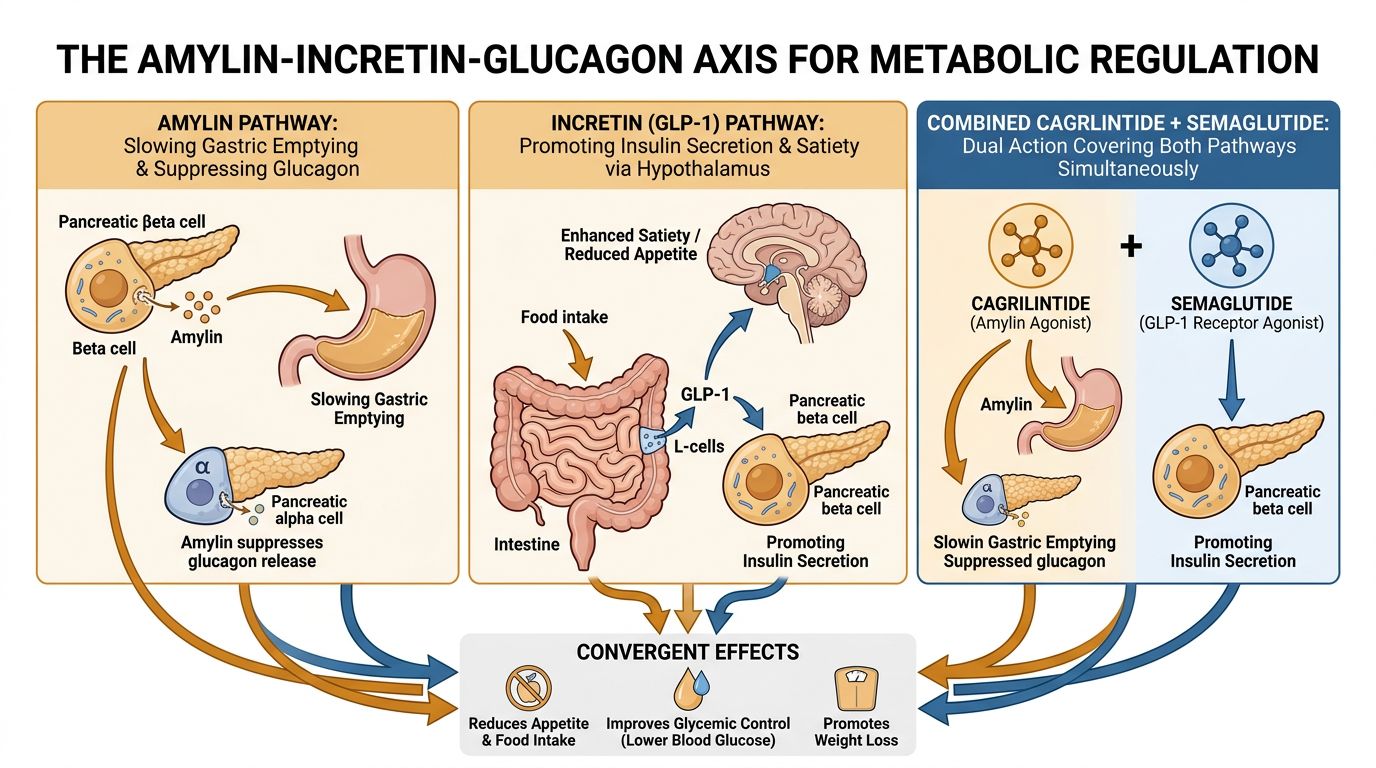 Scientific diagram showing the amylin-incretin-glucagon axis with three pathways: amylin from beta cells, GLP-1 incretin effects, and combined <a href=