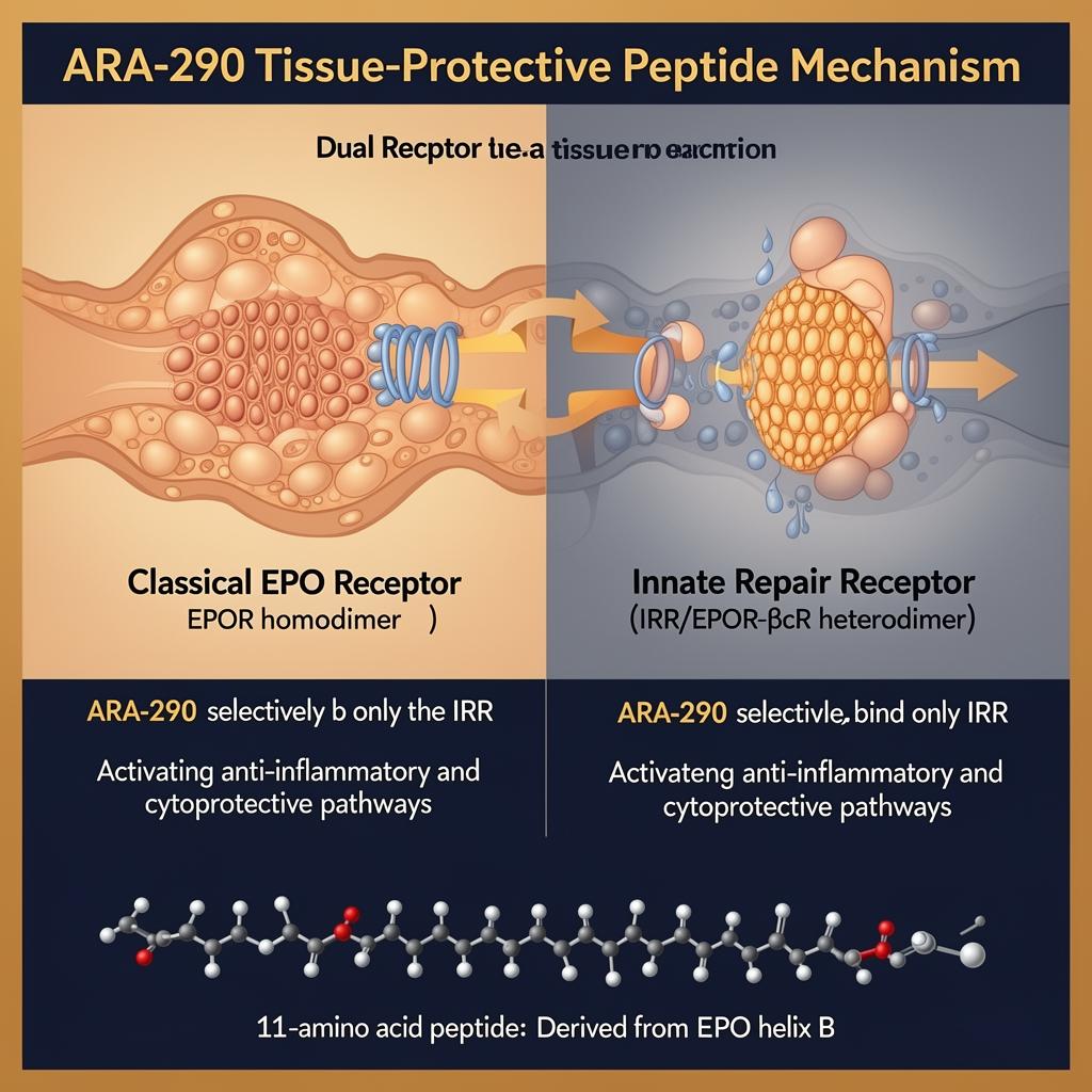 ARA-290 tissue-protective peptide mechanism infographic showing selective binding to innate repair receptor IRR versus classical EPO receptor, activating anti-inflammatory and cytoprotective pathways
