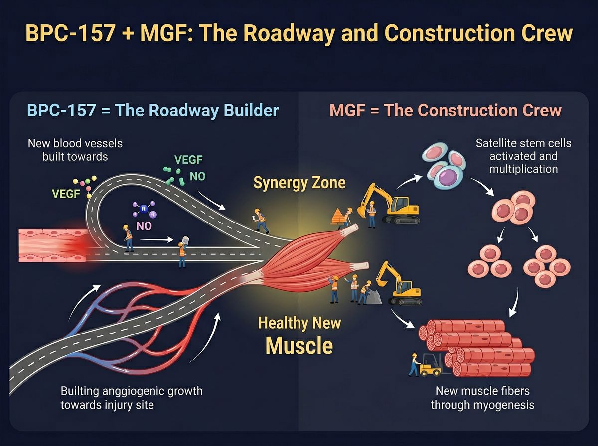 Infographic showing BPC-157 as the roadway builder and MGF as the construction crew working together for muscle repair