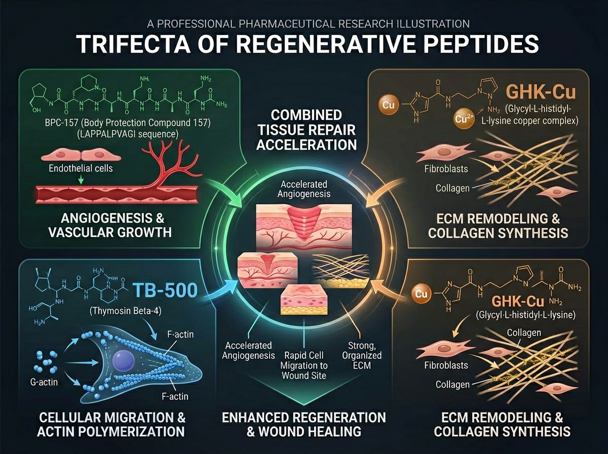 Infographic showing the trifecta of regenerative peptides BPC-157, TB-500, and GHK-Cu with their respective mechanisms of angiogenesis, cellular migration, and ECM remodeling converging on tissue repair
