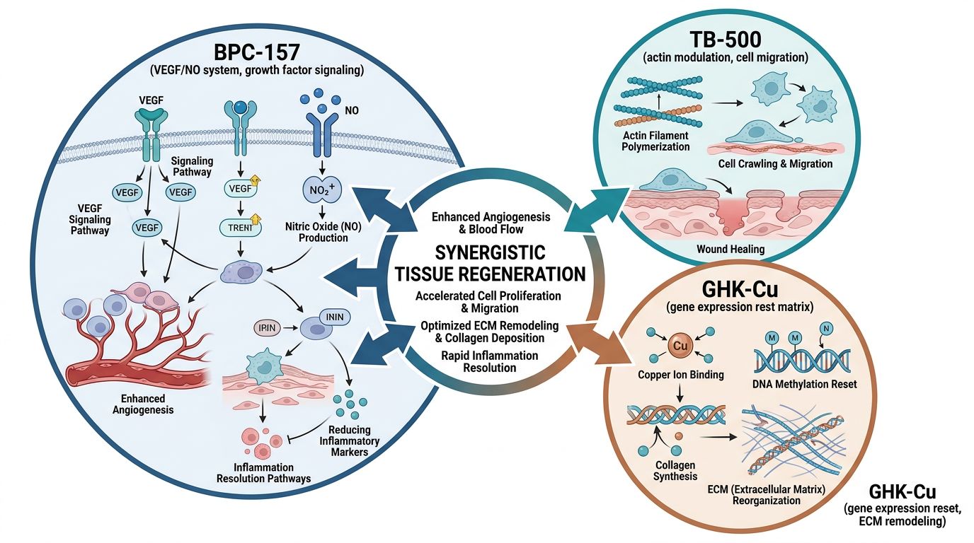 BPC-157 TB-500 GHK-Cu triple peptide synergy infographic showing three interconnected mechanisms: BPC-157 VEGF/NO signaling, TB-500 actin modulation and cell migration, GHK-Cu gene expression reset and ECM remodeling converging on synergistic tissue regeneration