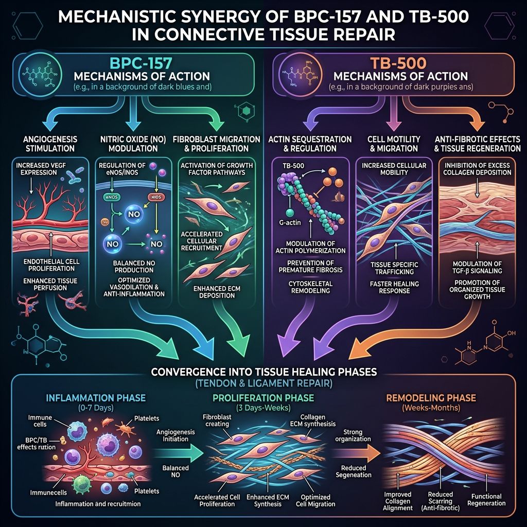 Mechanistic synergy infographic of BPC-157 and TB-500 across angiogenesis, migration, anti-fibrotic signaling, and connective tissue phases