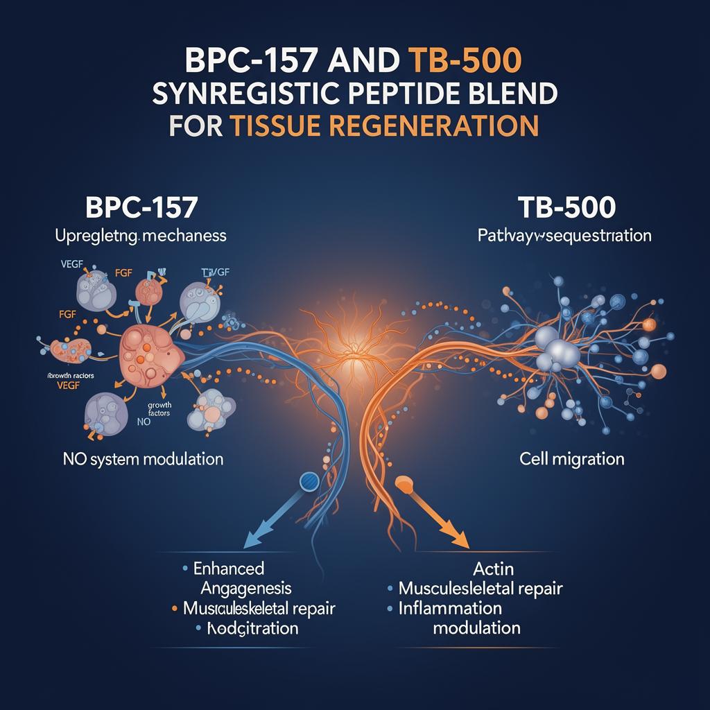 BPC-157 and TB-500 synergistic blend infographic showing BPC-157 VEGF/FGF/EGF upregulation and NO modulation complementing TB-500 actin sequestration and cell migration for enhanced angiogenesis and tissue repair