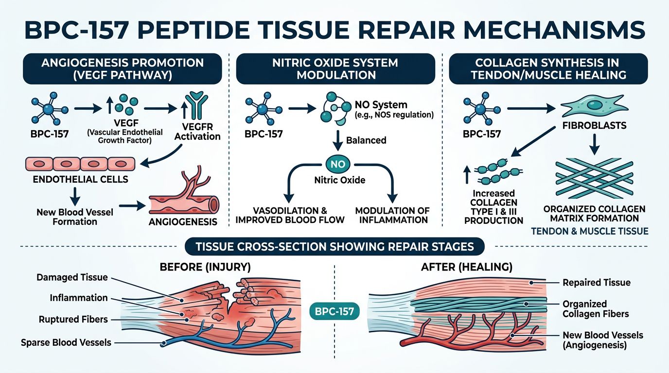 BPC-157 tissue repair mechanisms infographic showing VEGF-mediated angiogenesis, nitric oxide system modulation, and collagen synthesis pathways in tendon and muscle healing