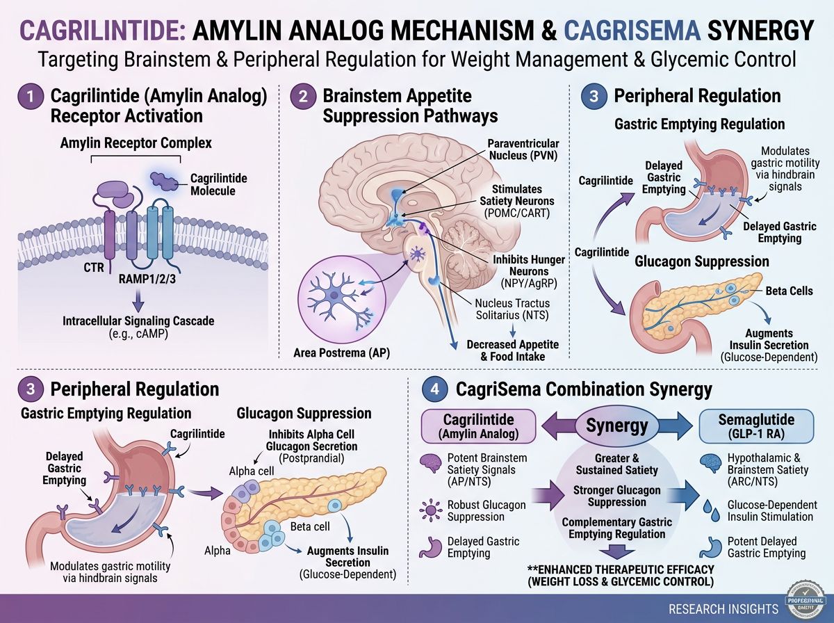 Cagrilintide amylin analog mechanism infographic showing brainstem area postrema activation, appetite suppression pathways, glucagon suppression, and CagriSema synergy with semaglutide