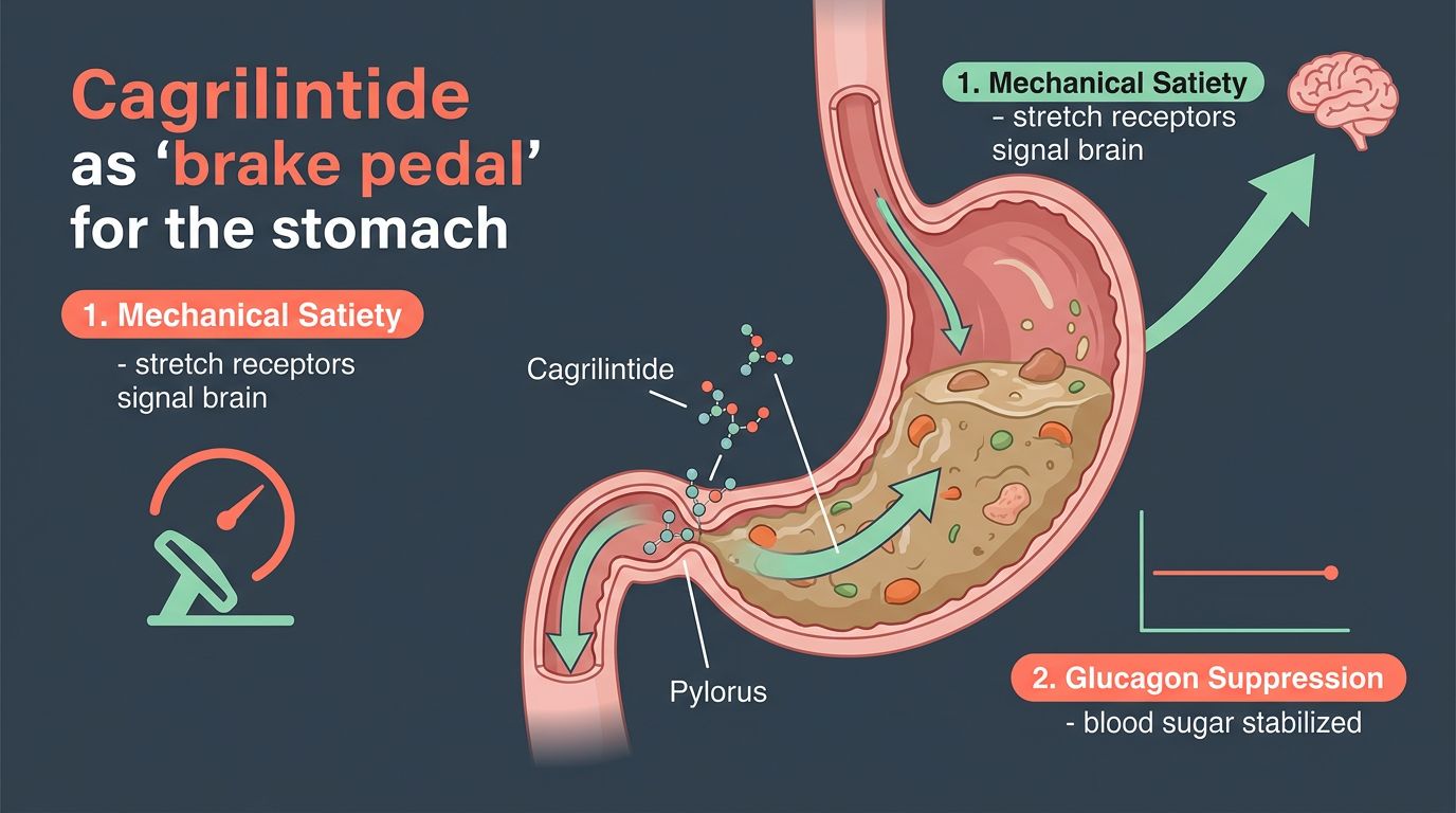 Cross-section illustration of the stomach showing Cagrilintide slowing food passage through the pylorus, with labeled effects of mechanical satiety and glucagon suppression