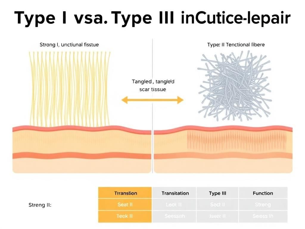 Type I versus Type III collagen comparison showing organized functional fibers versus disorganized scar tissue