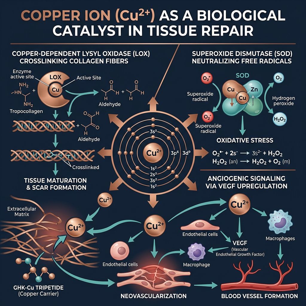 Copper ion catalyst infographic showing LOX collagen crosslinking, SOD antioxidant function, and VEGF angiogenic signaling