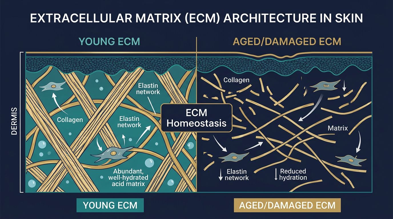 Infographic comparing young extracellular matrix versus aged damaged matrix with collagen, elastin, and hydration changes