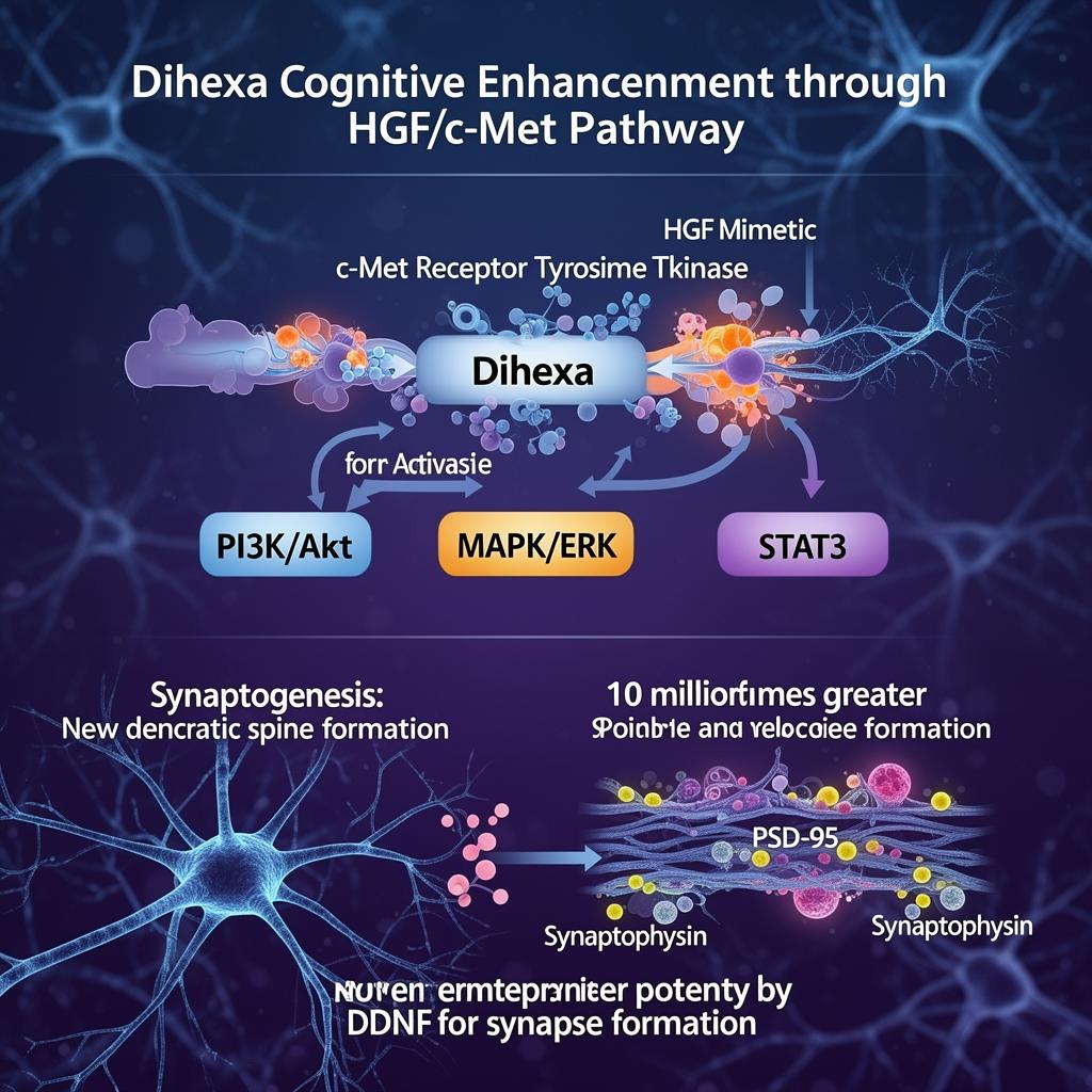 Dihexa cognitive enhancement infographic showing HGF mimetic binding c-Met receptor tyrosine kinase, activating PI3K/Akt, MAPK/ERK, STAT3 pathways for synaptogenesis with PSD-95 and synaptophysin markers