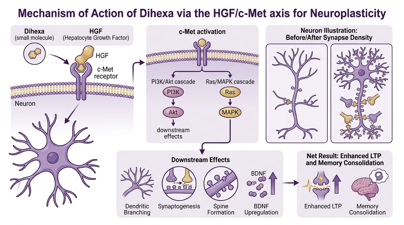 Pathway diagram showing Dihexa stabilizing HGF binding to c-Met receptor, triggering PI3K/Akt and Ras/MAPK cascades leading to dendritic branching and synaptogenesis