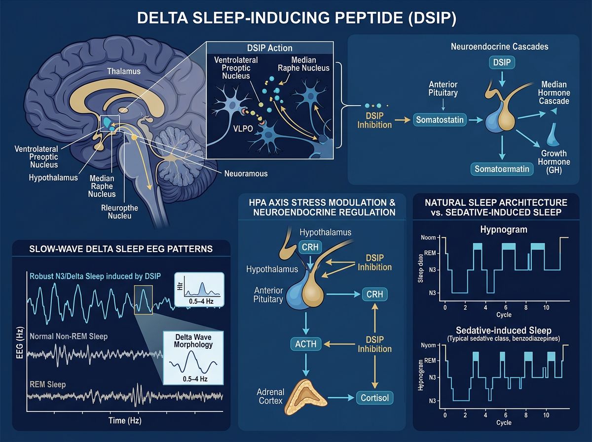 DSIP sleep peptide infographic showing brain sleep-regulating nuclei, delta-wave EEG enhancement, HPA axis stress modulation, and natural sleep architecture optimization