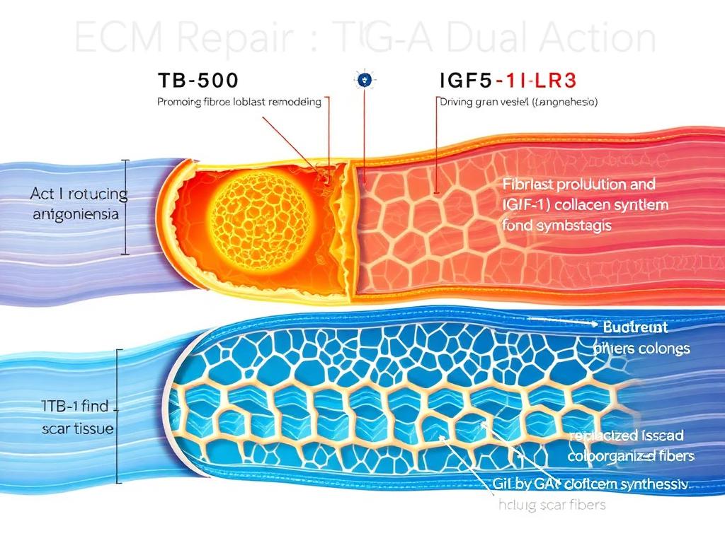 ECM repair showing TB-500 driving fibroblast migration and angiogenesis while IGF-1LR3 drives collagen synthesis