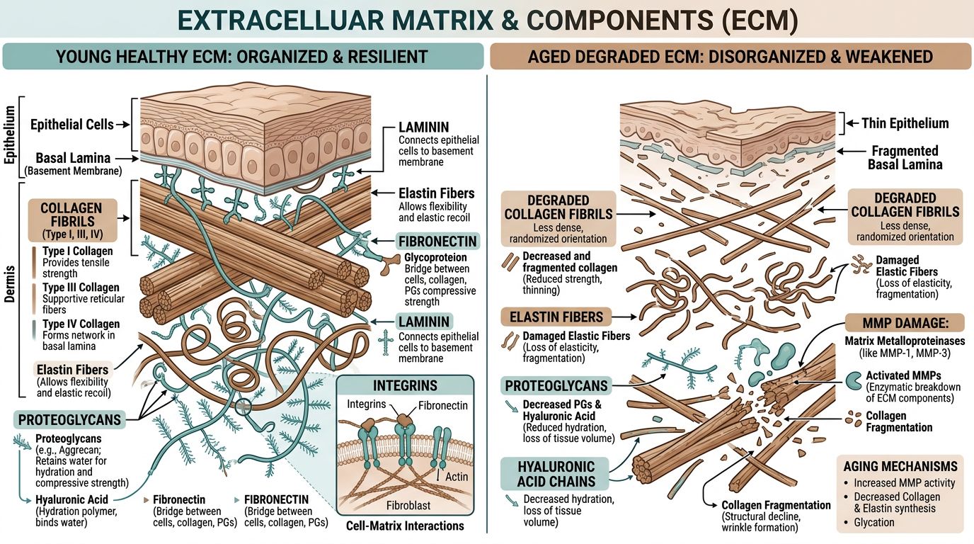 Detailed cross-section of extracellular matrix showing collagen fibrils, elastin fibers, proteoglycans, and comparison of young versus aged degraded ECM