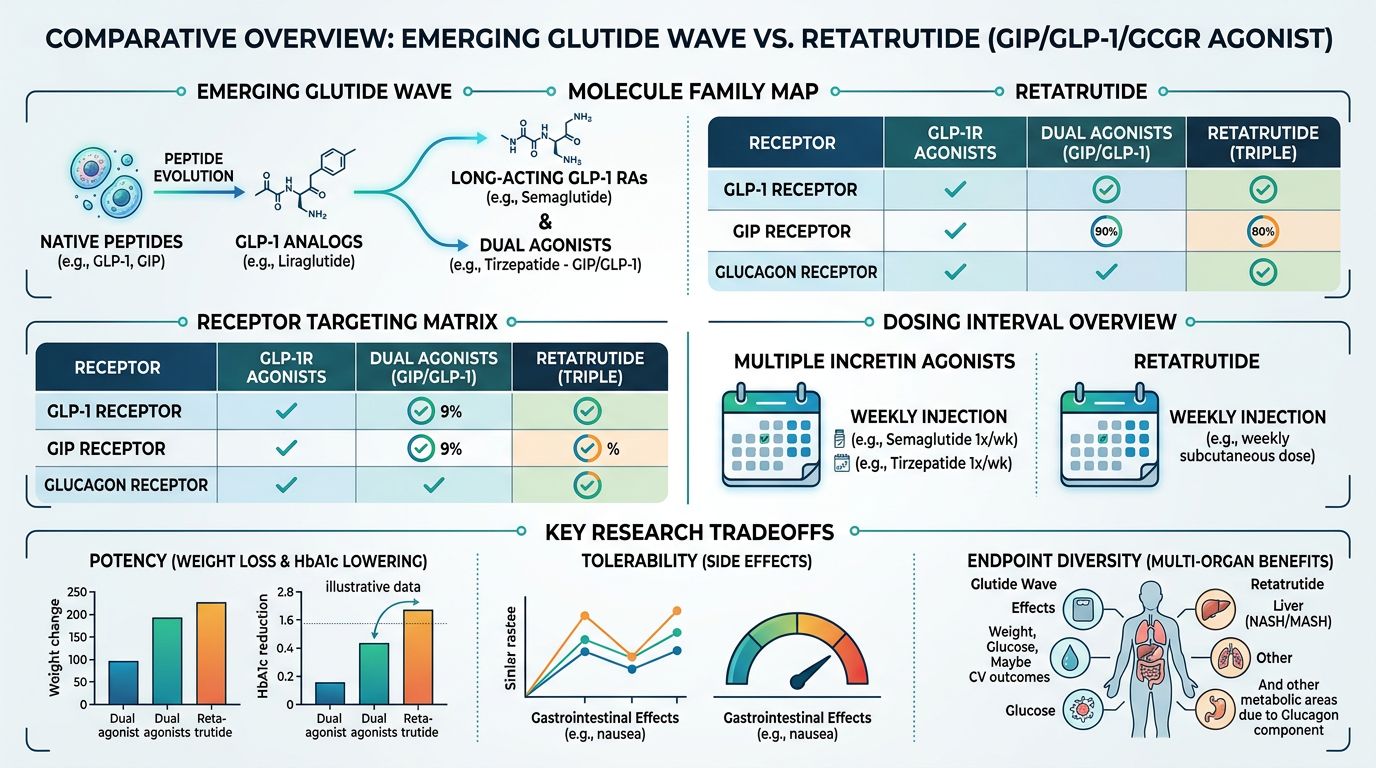 Comparative overview of emerging glutide wave versus retatrutide with receptor targeting matrix, dosing intervals, and research tradeoffs