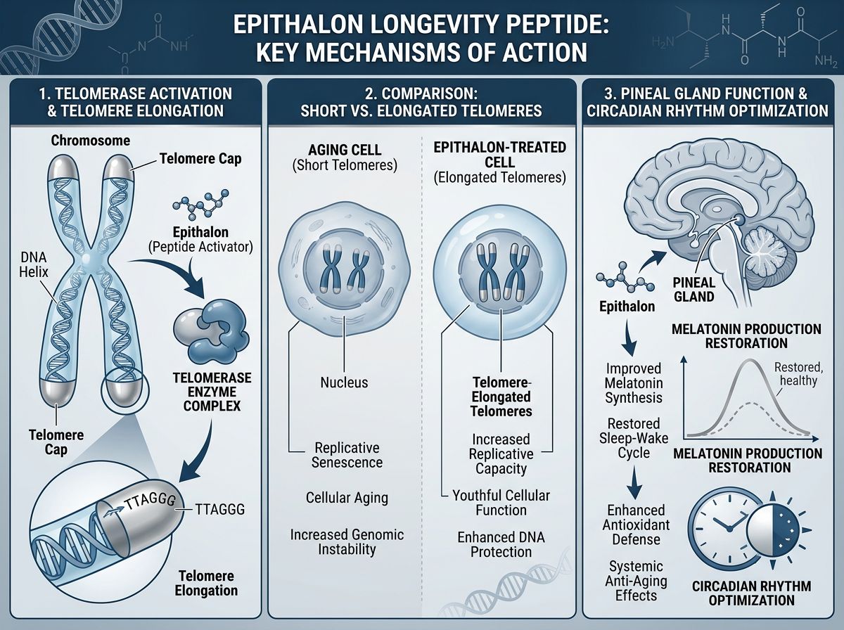 Epithalon longevity peptide infographic showing telomerase activation elongating chromosome telomere caps, pineal gland melatonin production restoration, and circadian rhythm optimization