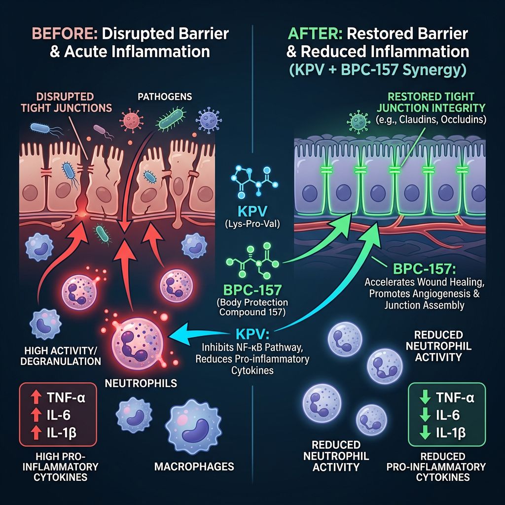 Before-after epithelial barrier infographic showing reduced inflammatory cytokines and improved tight junction integrity after KPV plus BPC-157