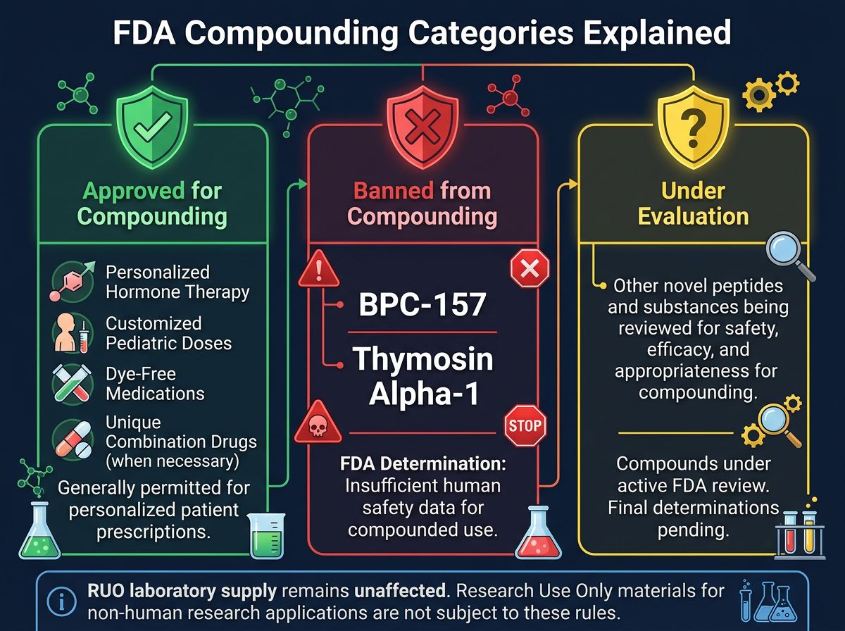 Infographic explaining FDA compounding categories: approved, banned, and under evaluation