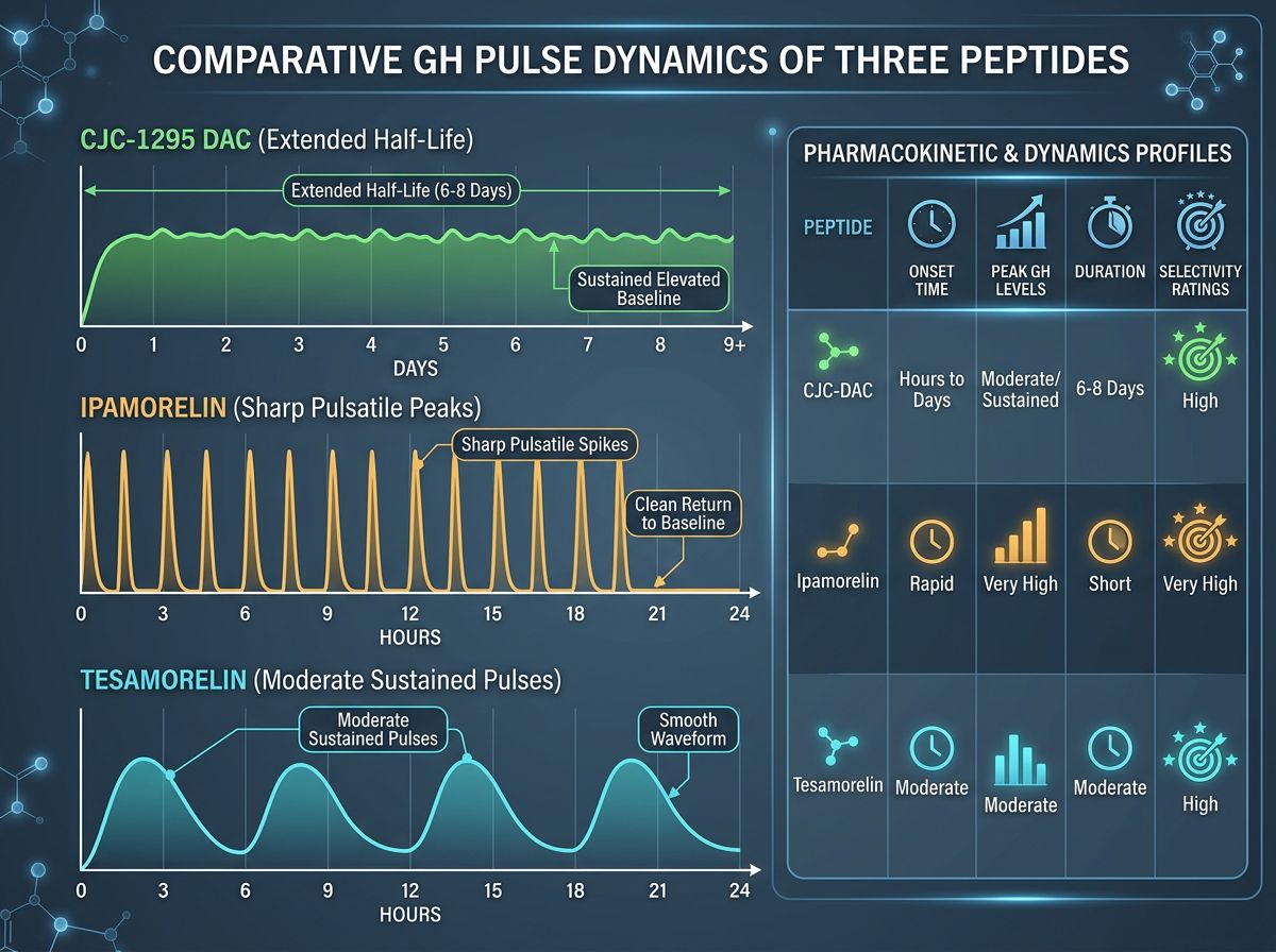 Comparative infographic showing GH pulse dynamics with CJC-1295 DAC extended half-life waveform, Ipamorelin sharp pulsatile peaks, and Tesamorelin moderate sustained pulses with pharmacokinetic comparison table