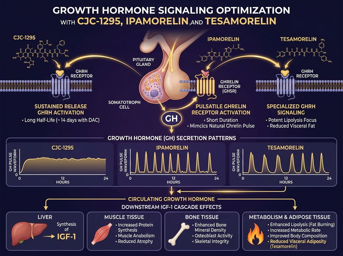 Infographic showing growth hormone signaling optimization with CJC-1295, Ipamorelin, and Tesamorelin receptor pathways, GH secretion patterns, and downstream IGF-1 effects