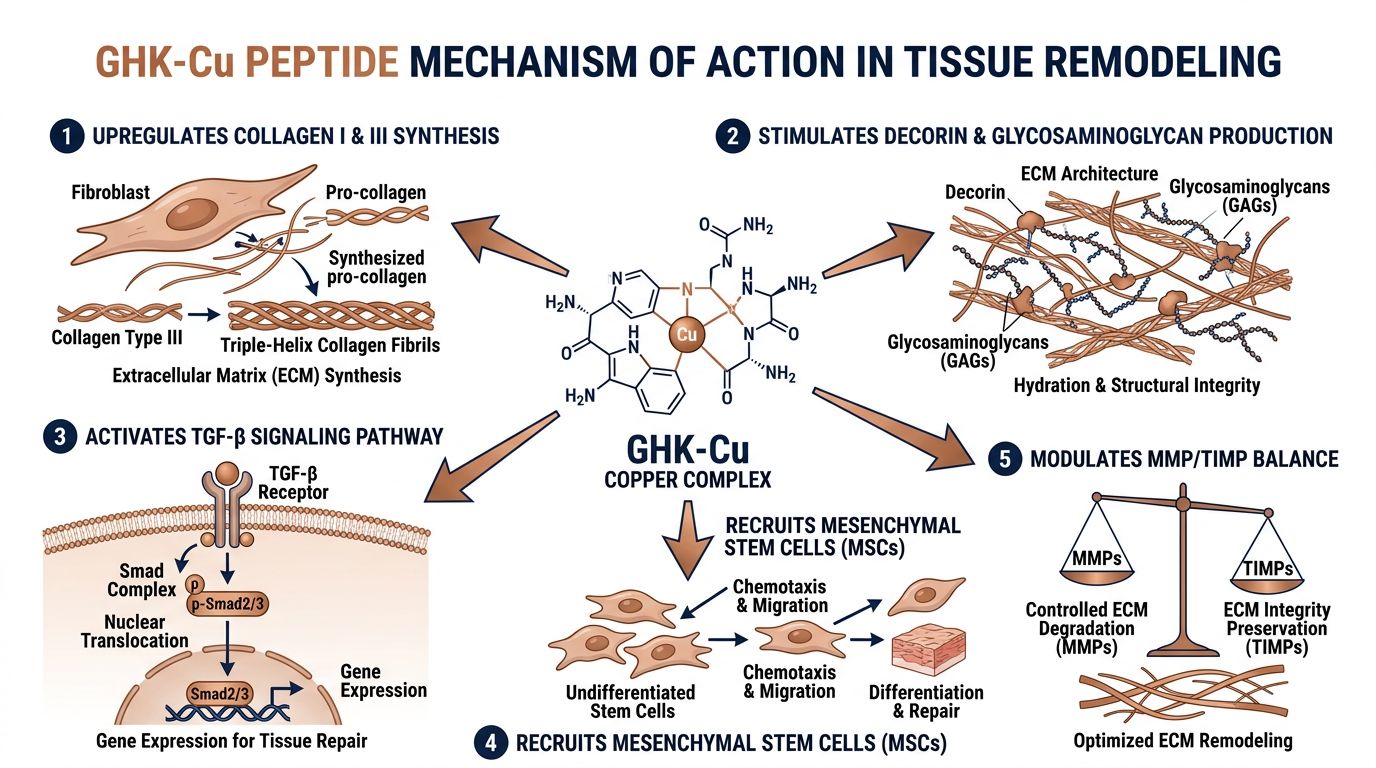 GHK-Cu copper peptide complex with radiating pathways showing collagen synthesis, decorin production, TGF-beta activation, and MMP/TIMP balance