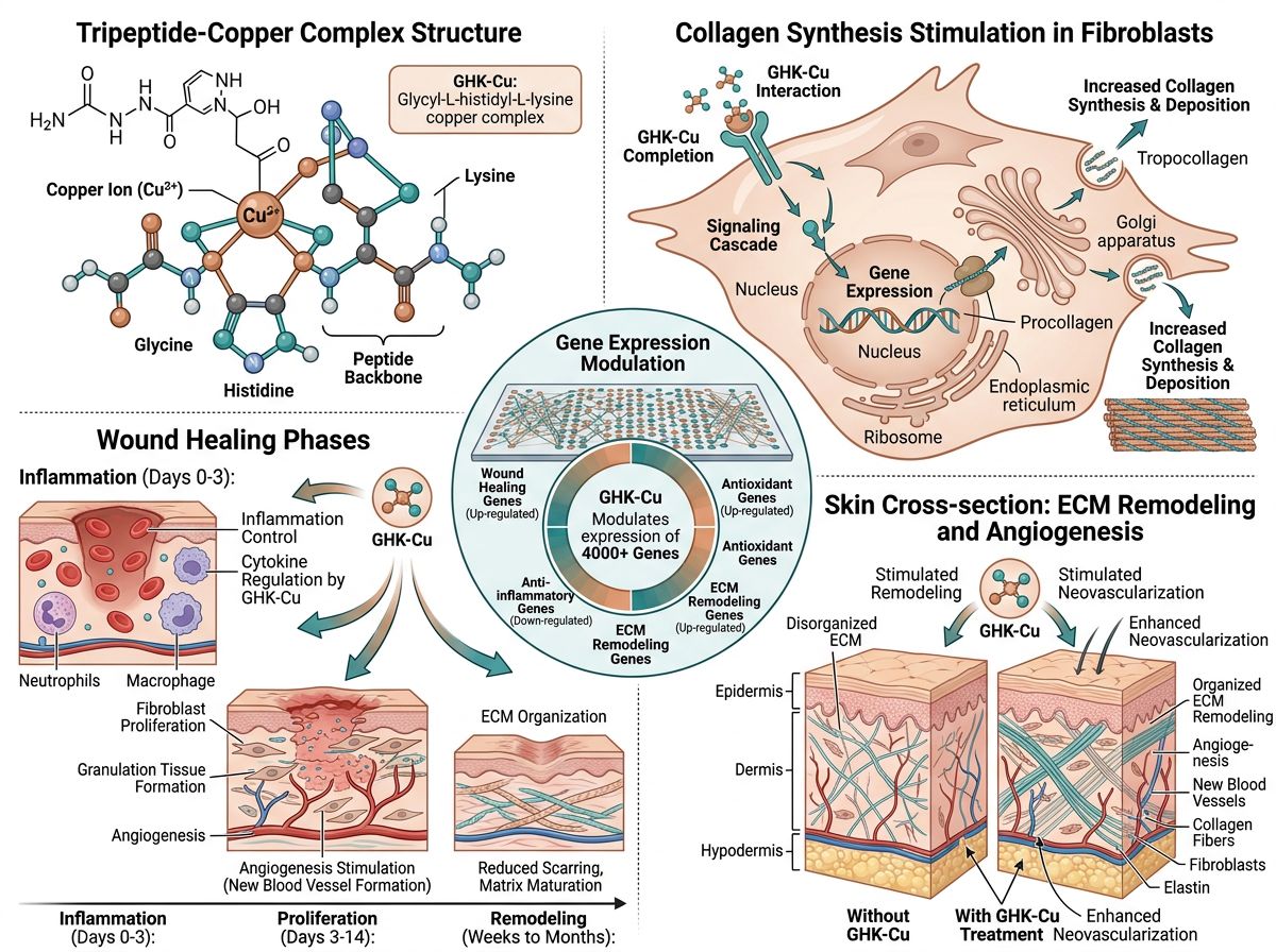GHK-Cu copper peptide infographic showing tripeptide-copper complex structure, collagen synthesis in fibroblasts, wound healing phases, gene expression modulation of 4000+ genes, and skin ECM remodeling with angiogenesis