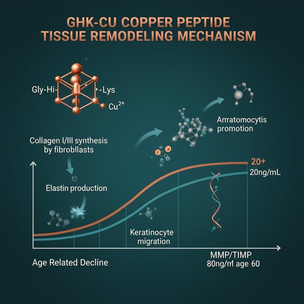 GHK-Cu copper peptide tissue remodeling infographic showing Gly-His-Lys tripeptide with Cu2+ coordination, collagen synthesis, angiogenesis, elastin production, and age-related decline curve
