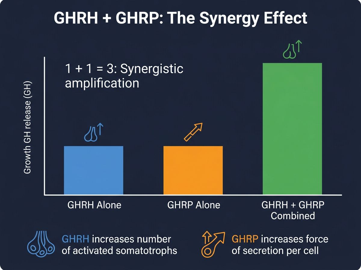 Bar chart showing synergistic growth hormone release when GHRH and GHRP are combined