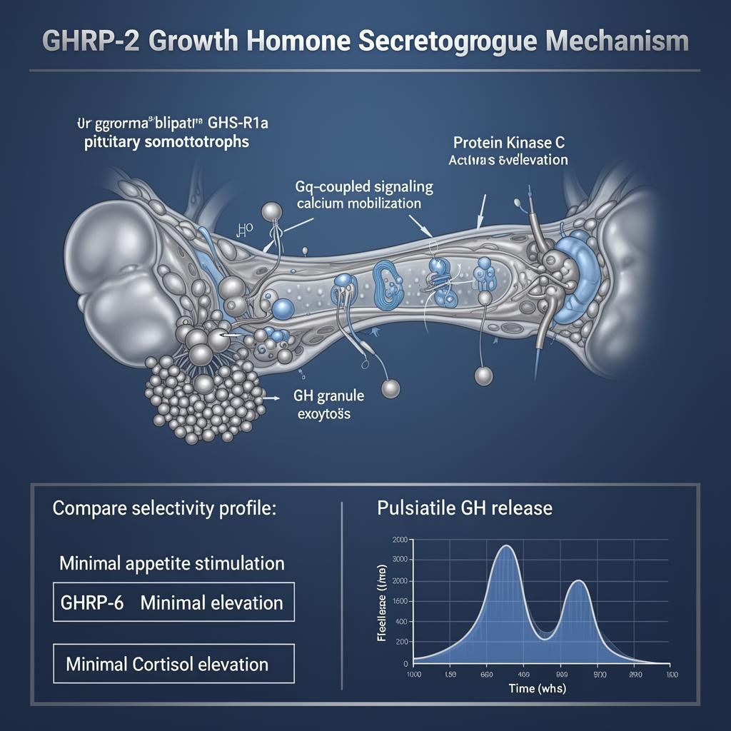 GHRP-2 growth hormone secretagogue mechanism infographic showing GHS-R1a binding, Gq-coupled calcium signaling, protein kinase C activation, GH granule exocytosis, and pulsatile release pattern
