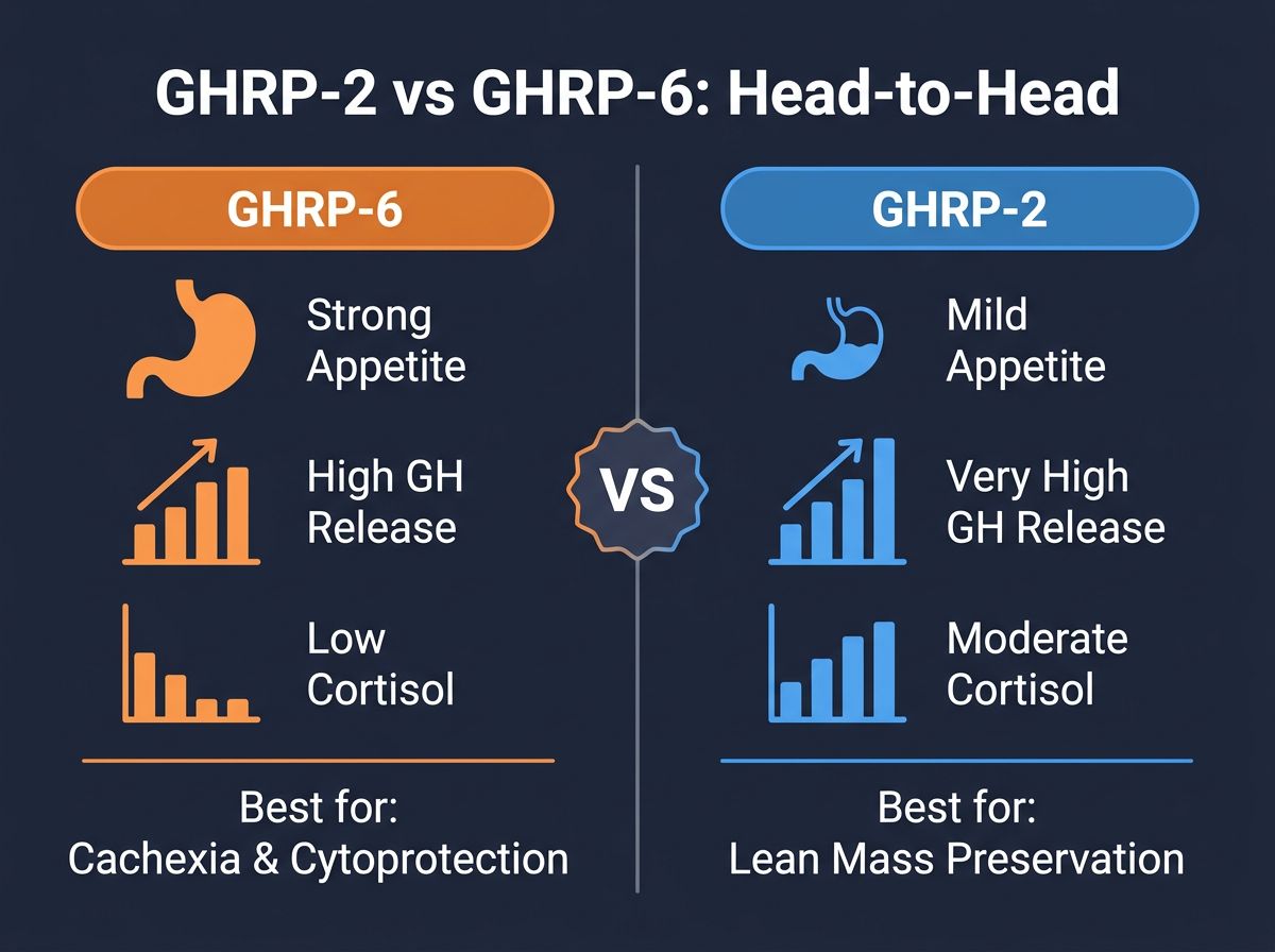 Side-by-side comparison of GHRP-2 and GHRP-6 showing GH release, appetite impact, and cortisol profile