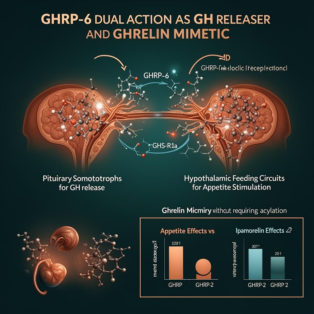 GHRP-6 dual action infographic showing GHS-R1a binding at pituitary somatotrophs for GH release and hypothalamic feeding circuits for appetite stimulation, with comparison to GHRP-2 and Ipamorelin