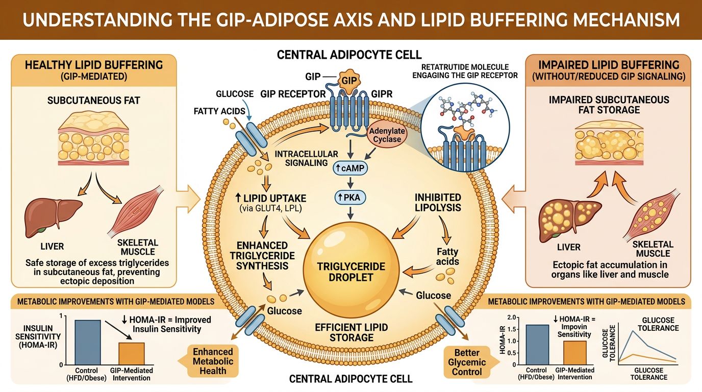 GIP-adipose axis mechanism showing lipid buffering in adipocytes and prevention of ectopic fat deposition