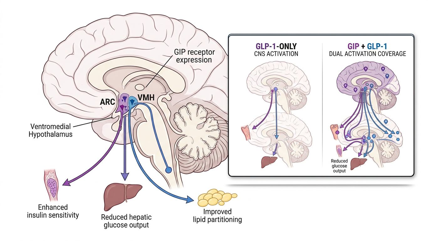 GIP receptor expression in hypothalamic nuclei showing downstream effects on insulin sensitivity, hepatic glucose output, and lipid partitioning with comparison of GLP-1-only vs dual activation