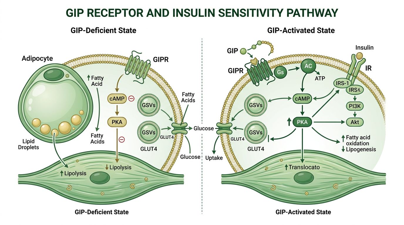 GIP receptor and insulin sensitivity pathway comparing GIP-deficient and GIP-activated metabolic states
