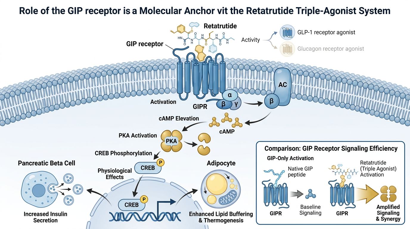 GIP receptor molecular anchor mechanism in retatrutide triple-agonist system with cAMP and downstream signaling pathways
