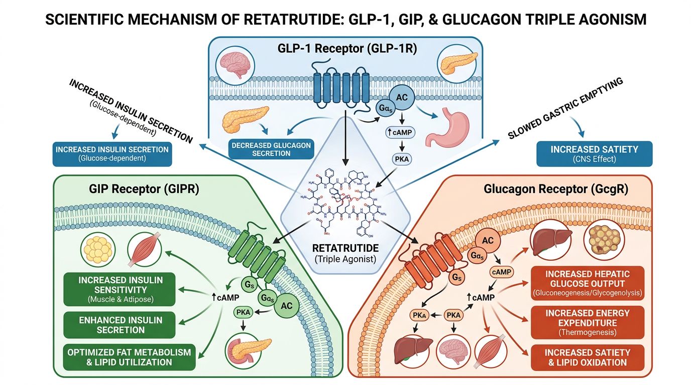 GLP-1 GIP and Glucagon receptor comparison showing Tirzepatide dual agonism versus Retatrutide triple agonism