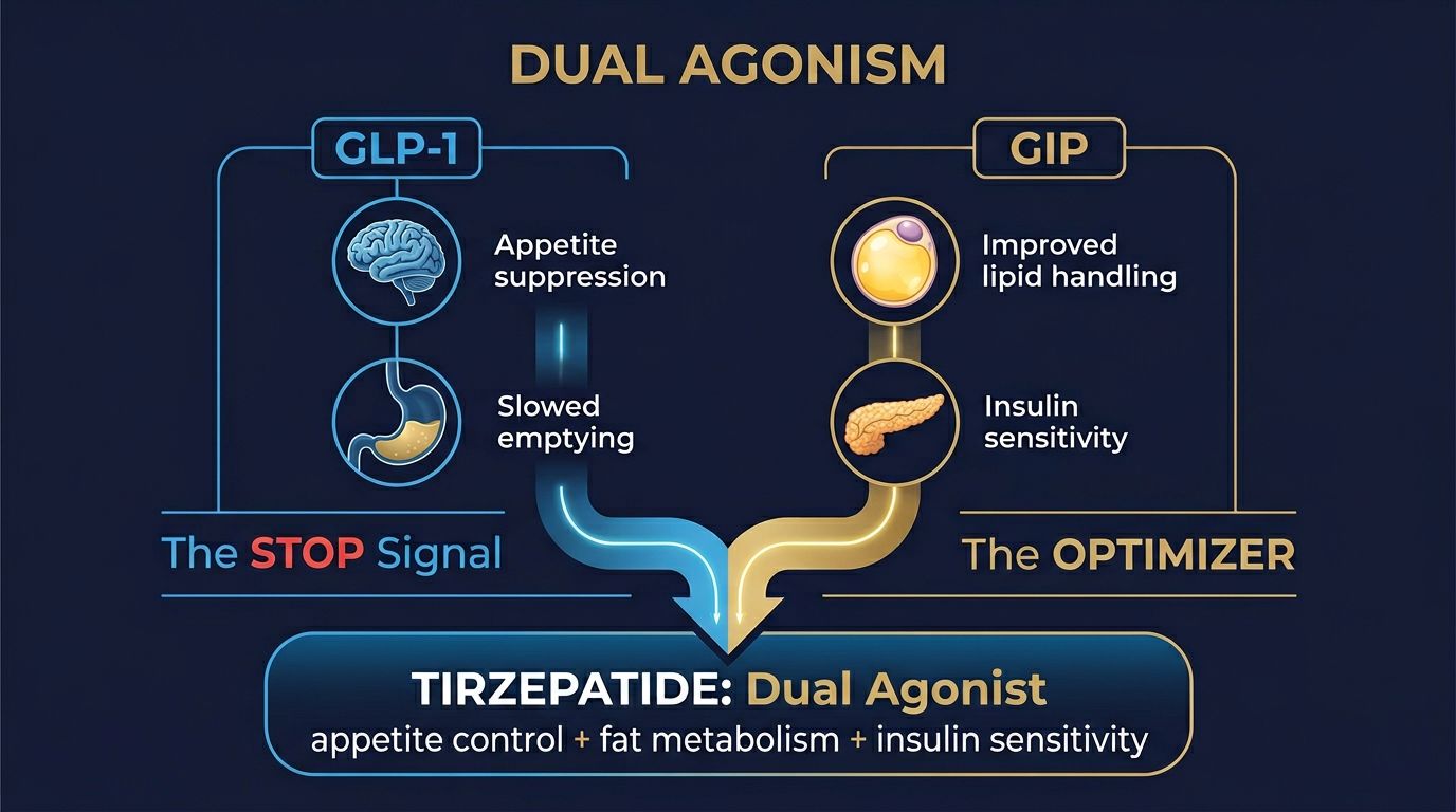 Infographic showing GLP-1 as The STOP Signal and GIP as The OPTIMIZER converging into Tirzepatide Dual Agonist