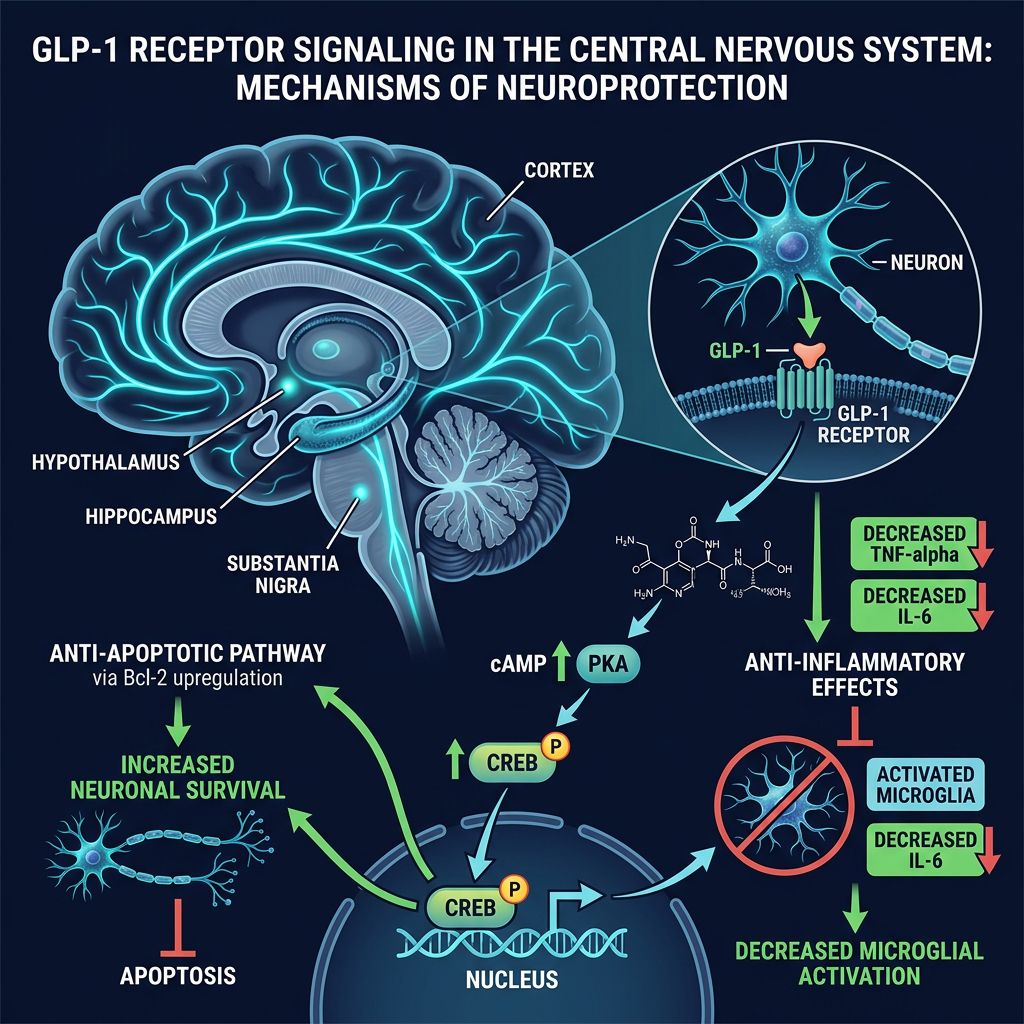 GLP-1 receptor CNS signaling infographic showing cAMP-PKA-CREB pathway and anti-inflammatory neuroprotection